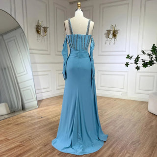 Dubai Luxury Evening Gown: 2024 Blue High Slit Mermaid Spaghetti Strap Gloves Perfect for Wedding Parties