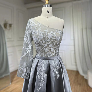 2024 Grey Satin Elegant Evening Dress: One Shoulder, Handmade Flowers, A-Line Formal Gown