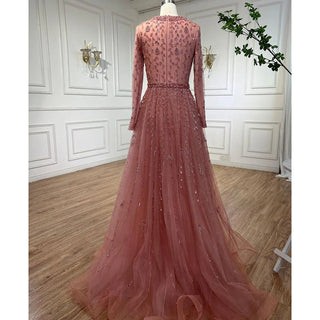 Muslim Pink A-Line Beaded Dubai Luxury Evening Gown for Women's Wedding Party Plus