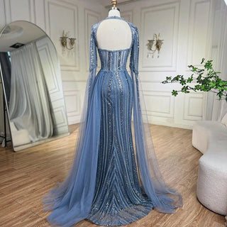 2024 Blue Mermaid Evening Gowns Luxury Beaded High Split Cape Sleeves Long Dresses for Women's Wedding Party