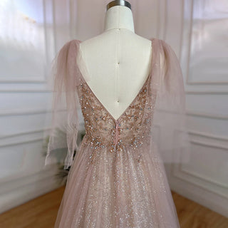 Arabic Pink A-Line Sexy Beaded Luxury Dubai Long Prom Dress 2024 - Women's Party Gown