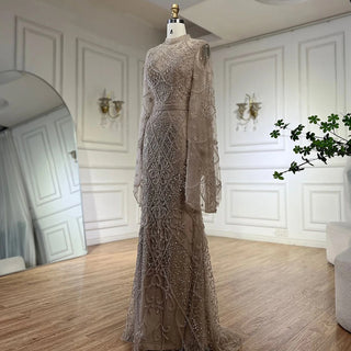 Muslim Nude Mermaid Evening Dress with Beaded Bell Sleeves for Formal Occasion