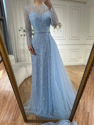 2024 Elegant Blue Saudi Arabic Evening Gown with Beaded Side Overskirt for Formal Occasions