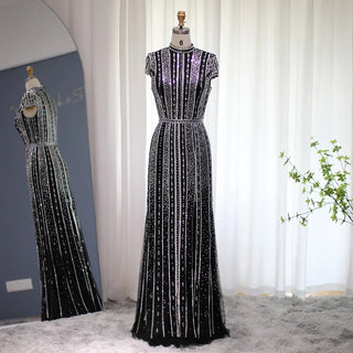 Sparkling Crystal Black Mermaid Arabic Evening Dress: Luxury Dubai Long Formal Party Gown for Women's Wedding