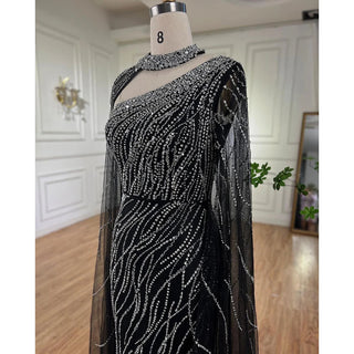 Black Mermaid Elegant Cape Sleeves Beaded Luxury Evening Dress Gown for Women's Arabic Party 2024