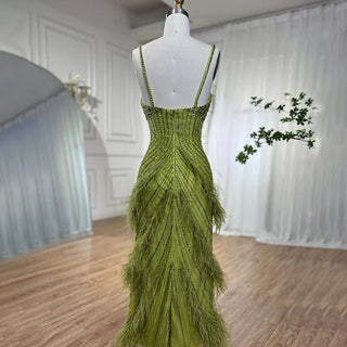 Sunny Meadow Mermaid Evening Gown - Yellow and Green Feathers, Beaded, Ankle-Length for Women's Party 2024