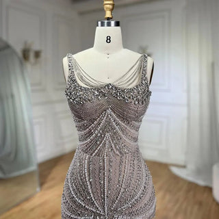 Ships in 1 to 3 Days – Arabic Nude Spaghetti Strap Mermaid Evening Gown - Luxury Pearls Beaded for Women's Wedding Party 2024