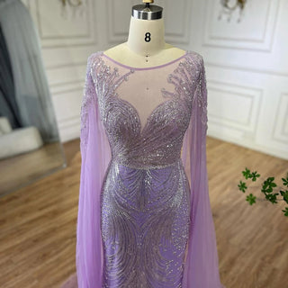 Luxury Dubai Arabic Lilac Cape Sleeves Mermaid Beaded Evening Dresses Gowns for Women