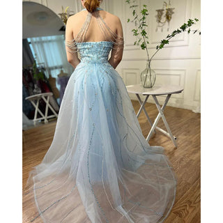 Chic Blue Halter Sleeveless Mermaid Elegant Overskirt Beaded Evening Gown - 2024 Formal Party Dress for Women