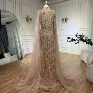 Ships in 1 to 3 Days - Modest Nude Mermaid Evening Dress with Cape Sleeves - Pearls Beaded Luxury Dubai Gown for 2024 Women's Wedding Party