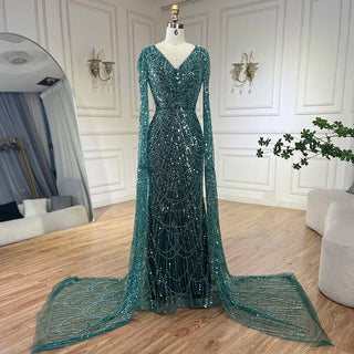 White Luxury Pearls Beaded Mermaid Evening Dress 2024 with Cape Sleeves - Ideal for Women's Wedding Party