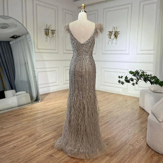 White Nude Feathers Beaded Spaghetti Strap Luxury Dubai Evening Dresses Gowns For Women Wedding Party 2024