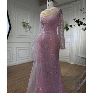 Pink Arabic Mermaid Evening Dress - Elegant With Skirt, Luxury Pearls Beaded Gown for Women's Party 2024