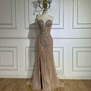 Saudi Arabic Pink Strapless Mermaid Evening Dress with High Split for Formal Occasion