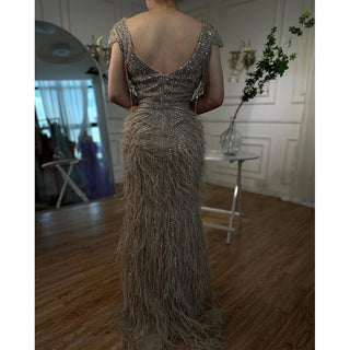 Arabic Brown Mermaid Elegant Evening Gown 2024: Feathers, Beaded Luxury for Women's Wedding Party