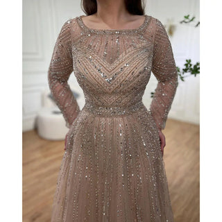 Ships in 1 to 3 Days - Luxury Gold Mermaid Evening Dress with Long Sleeves and O-Neck - Women's Party Gown 2024