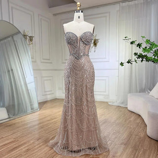 Nude Strapless Mermaid Luxury Evening Dress - Beaded Arabic Design for Women's Wedding Party