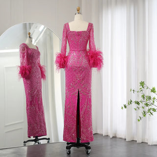 Arabic Fuchsia Luxury Dubai Evening Dresses Feathers Long Sleeves Straight Muslim Women Wedding Party