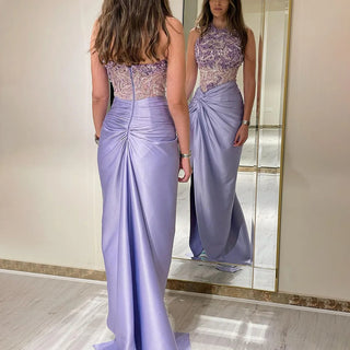 2024 Arabic Lilac Halter Neck Side Slit Mermaid Luxury Dubai Evening Gown Beaded Dress for Women's Party