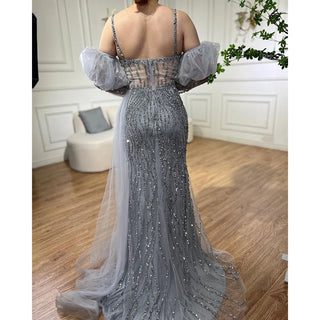 Ships in 1 to 3 Days - Sexy Gray Beaded Mermaid Evening Gown 2024: Spaghetti Straps, High Split, Balloon Sleeves for Party