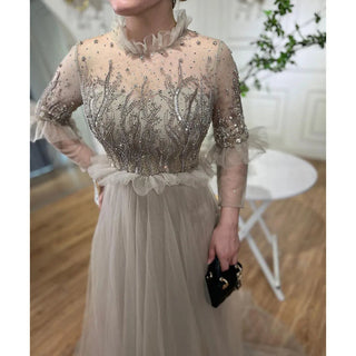 Caramel A-Line Crystal Beaded Evening Dress 2024 with O-Neck and Long Sleeves for Women's Wedding Party