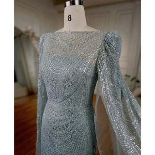 Ships in 1 to 3 Days - Turquoise Cape Sleeves Luxury Beaded Mermaid Arabic Evening Dress Gown for Women Wedding Party 2024