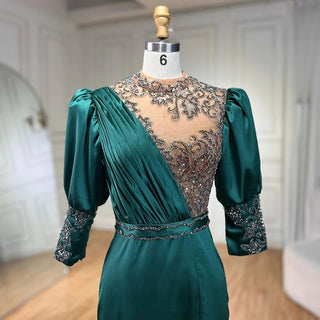 Ships in 1 to 3 Days - 2024 Green Satin Three Quarter Mermaid Evening Dress: Elegant Lace Beaded Gown for Women's Wedding Party