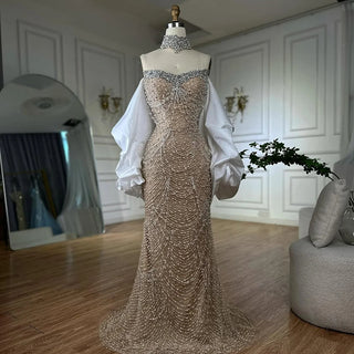 Ships in 2 to 5 Days - White Beaded Mermaid Evening Dresses For Women Saudi Wedding Party