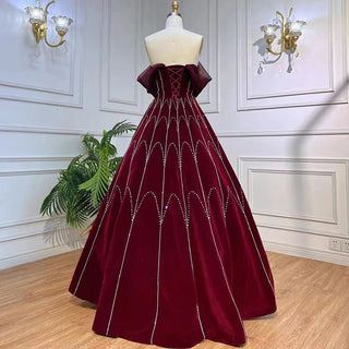 Luxury Dubai: Arabic Burgundy Velvet Ball Gown Evening Dress 2024 with Crystal Details - Perfect for Women's Formal Wedding Parties