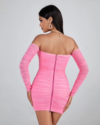 Sexy Off-Shoulder Strapless Open Back Long Sleeve Ruched Mini Dress for Women - Party Club Dress