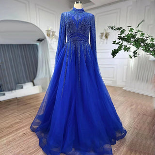 Ships in 1 to 3 Days - Arabic Turquoise A-Line Evening Dress 2024 with Beaded Detailing and Cape Sleeves - Ideal for Women's Wedding Party