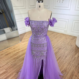 Ships in 1 to 3 Days - Arabic Purple Strap High-Split Mermaid Beaded Evening Gown for Women Wedding Party 2024