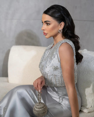 Luxury Silver Gray Rhinestone Midi Evening Dress - Dubai Formal Gown for Arabic Women