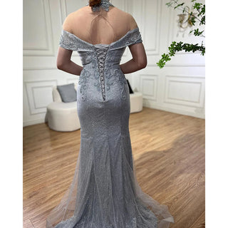 Luxurious Silver Mermaid Evening Dress - Pearls and Beaded Elegance for Women's Wedding Party