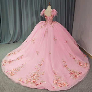 Exclusive Pink Bow Sequins Beaded Flower Ball Gown Evening Dress