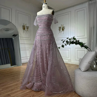 Pink Mermaid Beaded Evening Gown with Detachable Satin Overskirt – 2025 Arabic Luxury Design