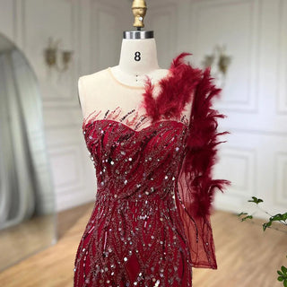 Arabic Wine Red Mermaid Luxury Evening Dress with Feathers and Beading - Elegant Gown for Women Wedding Party 2024