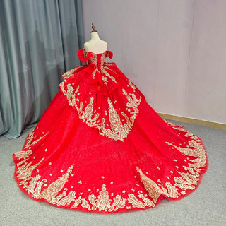 Shiny Red Sweetheart Lace Embroidery Quinceañera Party Gown