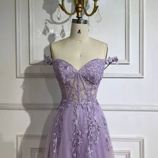 2024 Lilac Spaghetti Strap Front Lace-Up Back A-Line Appliques Prom Dress for Women Wedding Party