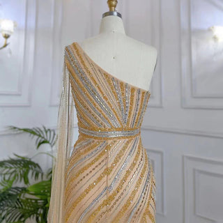 Gold Elegant Mermaid Evening Dress: 2024 Luxury Beaded with One Shoulder Cape Sleeve and High Split