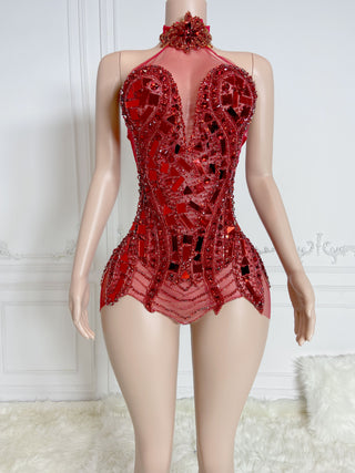 Dazzling Red Sequin and Bead Embellished Mini Dress with Sheer Panels and High Neck