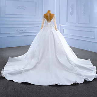 Soft Satin Heavy Beaded Sequin White Long Sleeve Bridal Ball Gown Wedding Dress