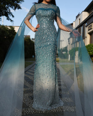 Mermaid Turquoise Crystal Dubai Evening Dress with Cape Sleeves Arabic Women Wedding Party Gown