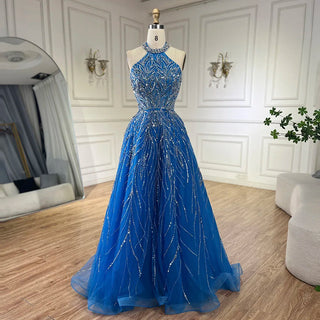 Ships in 1 to 3 Days - Elegant Blue Arabic A-Line Halter Gown Luxury Dubai Evening Dress for Women - Wedding Party 2024