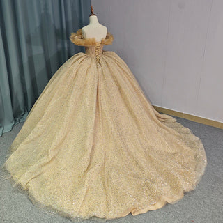 Luxury Off-Shoulder Ruched Empire Golden Quinceañera Dress