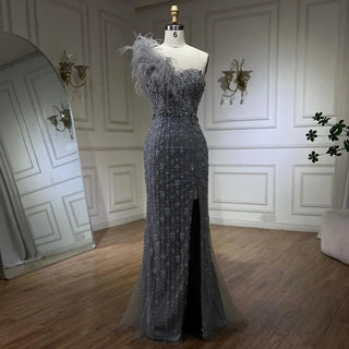 Gray Mermaid One Shoulder High Split Beaded Feather Luxury Evening Dress: 2024 for Women's Party