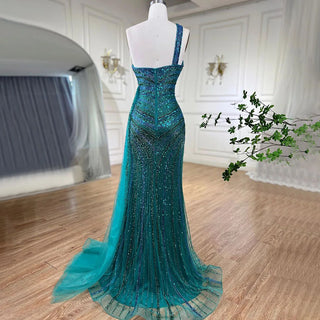 Ships in 1 to 3 Days - Blue Green Mermaid High Split One Shoulder Beaded Long Evening Dresses Gowns for Women Wedding Party