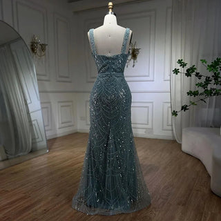 Turquoise Mermaid Evening Gown with Beaded Pearls, Spaghetti Straps, and Floor-Length Hem - Women's Party Dress 2024