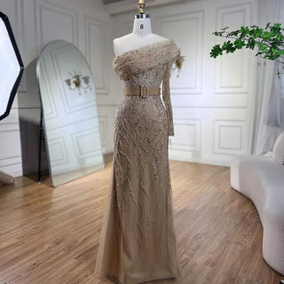 Arabic Nude Mermaid Evening Gown: One-Shoulder Beaded Luxury Dubai Design for Women's Wedding Party