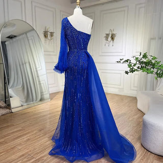 Ships in 1 to 3 Days - Arabic Blue Mermaid Evening Gown with Beaded Overskirt - Luxury Dress for Women's Wedding Party 2024